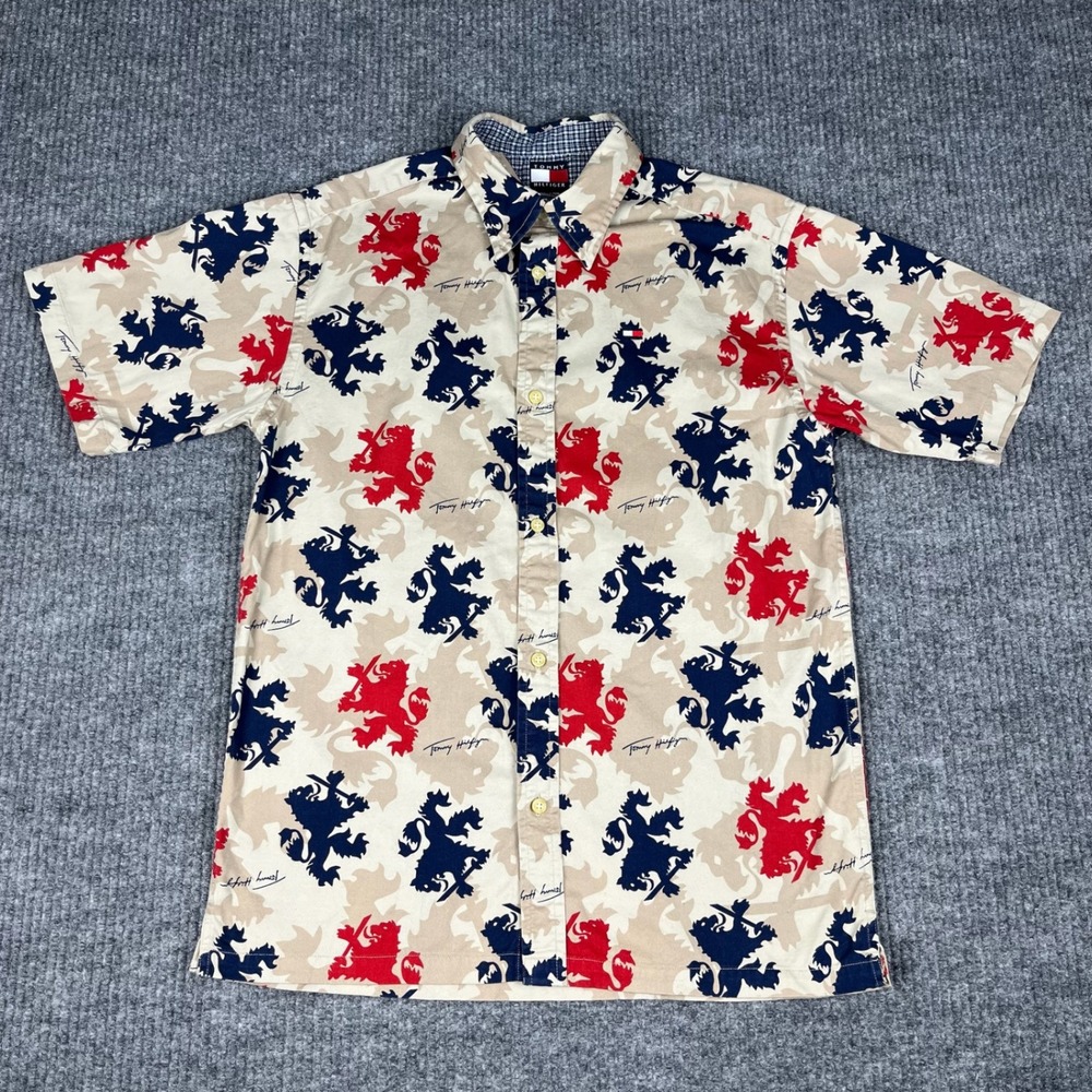 Vtg Y2K Tommy Hilfiger Button Up Shirt Mens L Crest Print Heraldic Lion Cotton